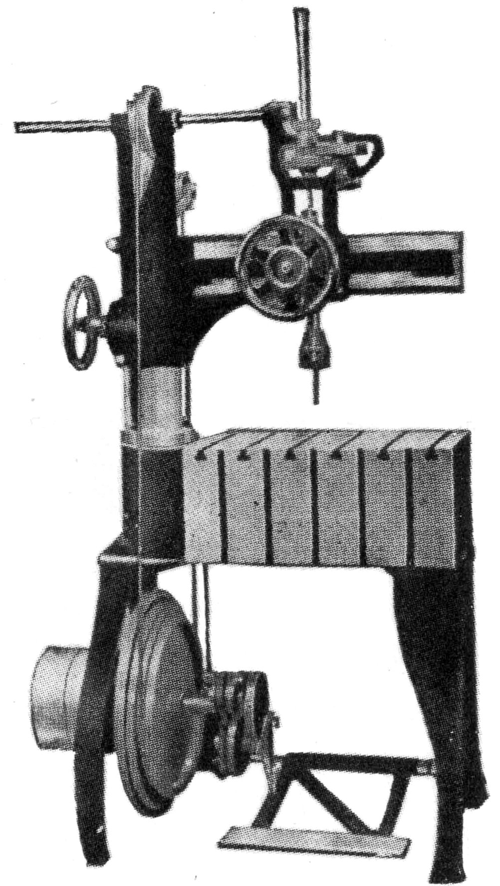 Light treadle driven Radial Drill, taking
up to 1 in. drills (&frac12; in. shank.) This
machine is of special design, a patented
form of high speed drive giving ample
power for drilling by foot. With treadle
and fast and loose pulley. Price &pound;24 15s.