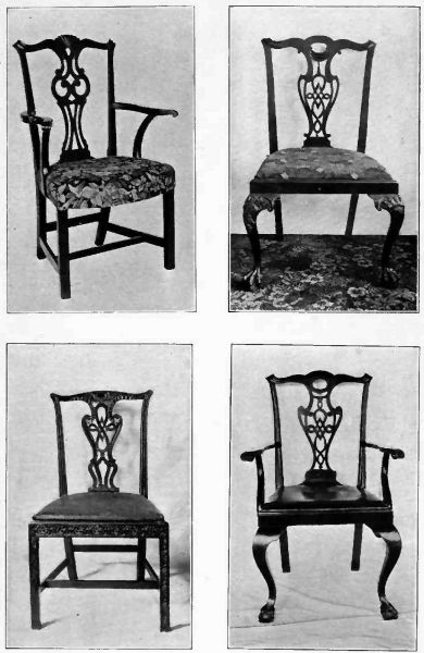Plate XXVI.&mdash;Chippendale Arm Chair, showing straight, square legs; Chippendale Chair; Chippendale, one of a set of six, showing Rosette design; Chippendale Arm Chair with Cabriole legs, Ball and Claw feet.