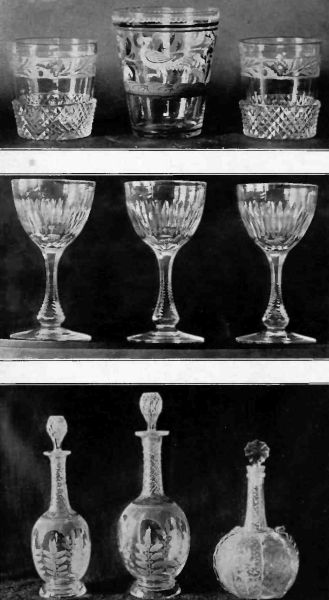 Plate LX.&mdash;Bohemian Glass. The center one is rare, showing figure of Peacock in Red and White; English Cut Glass Wineglasses, 1790; English Glass Decanters. Very fine and rare.