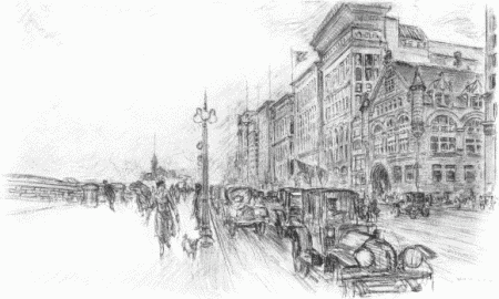 The bold front of Michigan Avenue along Grant Park ... great buildings wreathed in whirling smoke
and that allegory of infinity which confronts one who looks eastward