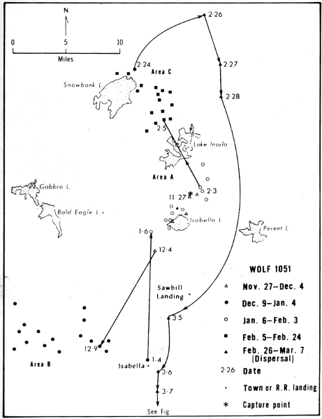 Figure 19.&mdash;Locations and range of wolf 1051.
Lines are NOT travel routes; rather they
merely indicate sequence of locations. Only
selected lakes are shown.