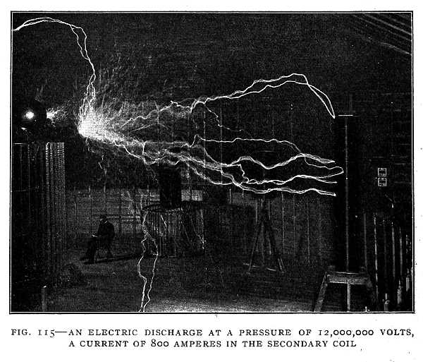 FIG. 115&ndash;AN ELECTRIC DISCHARGE AT A PRESSURE OF 12,000,000 VOLTS, A CURRENT OF 800 AMPERES IN THE SECONDARY COIL