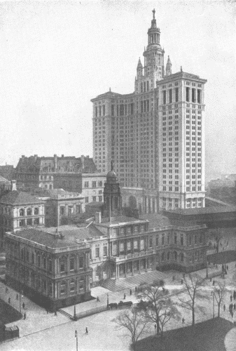 City Hall and Municipal Building, New York

The City Hall is in the foreground; the Municipal Building, containing
additional office room for city officials, is the tallest building shown.