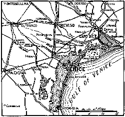 MAP SHOWING LAGOONS AND MARSHES BETWEEN VENICE AND THE
PIAVE, WHERE THE ITALIAN NAVY IS HELPING TO HOLD BACK THE INVADERS