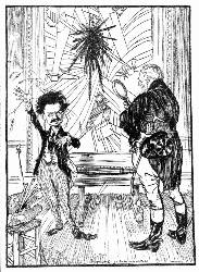 [English Cartoon]
Futurist Art in Russia
&mdash;From The National News, London.
Sturdy Old Burgess: "And what, Sir, may your picture represent?"
Pluperfect Futurist Trotzky: "The mental state of a Bolshevik
contemplating 'German capitalists, bankers, and landlords, supported by
the silent co-operation of English and French bourgeoisie.'"
Sturdy Old Burgess: "Sir, you have produced a priceless masterpiece&mdash;and
if it is true that you have sold it for �22,000 you have given it
away!"
