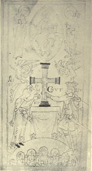 Canute and Emma&mdash;(The King and Queen are presenting a
golden cross to Winchester Abbey, New Minster.) From a miniature
reproduced in Liber Vitæ (Birch).