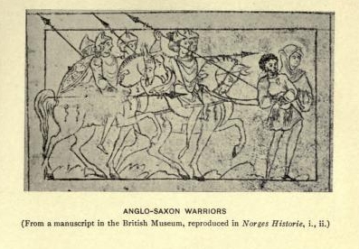 Anglo-Saxon warriors. (From a manuscript in the British
Museum, reproduced in Norges Historie, i., ii.)