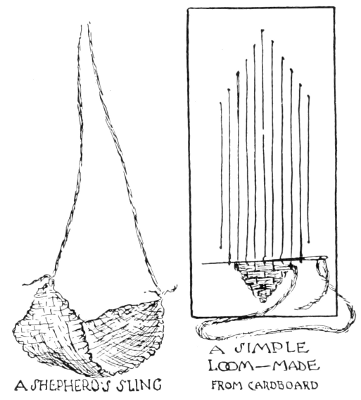 Fig. 14.&mdash;A SHEPHERD'S SLING,
A SIMPLE LOOM&mdash;MADE FROM CARDBOARD