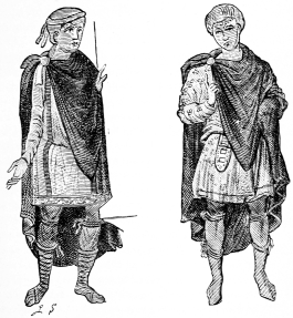Costume germanique (Ve-VIIIe si�cle), d'apr�s une
miniature (Lindenschmidt, Handbuch der deutschen Alterthumskunde: Die
Alterth�mer der merovingischen Zeit. Mayence, 1858, in-4�).