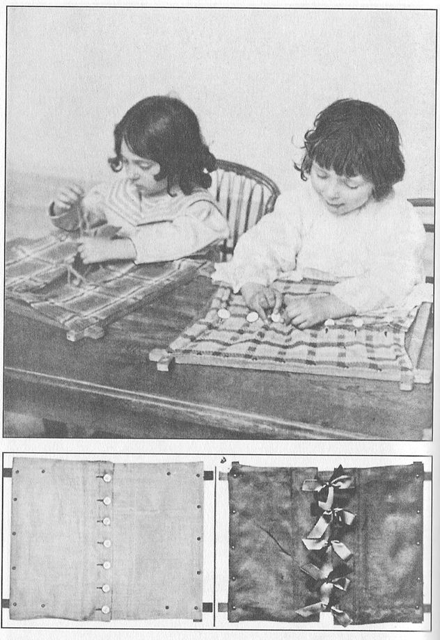 (A) CHILDREN THREE AND ONE-HALF AND FOUR YEARS OLD LEARNING
TO BUTTON AND LACE.  (B) RIBBON AND BUTTON FRAMES. These are
among the earliest exercises.