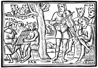 FIG. 19.&mdash;The Contest of Apollo and Pan. From Ovid’s
“Metamorphoses.” Venice, 1518 (design, 1497).