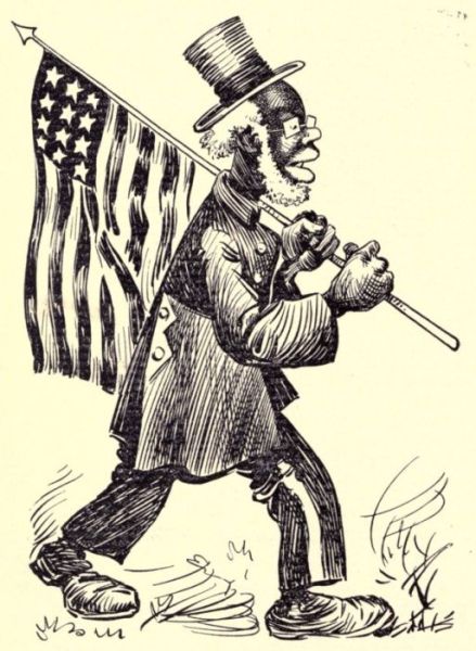 Dare goes joshaway, now, wid Ole Glory strowed er roun'
    him, steppin lak a rare-hoss over de tater ridges.
