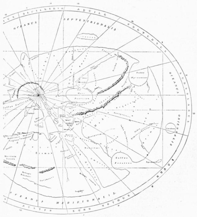 PRE-COLUMBIAN MAPPEMONDE, PRESERVED AT RAVENNA, RESTORED BY GRAVIER
    AFTER D'AVEZAC IN BULLETIN DE LA SOCI�T� NORMANDE, 1888.