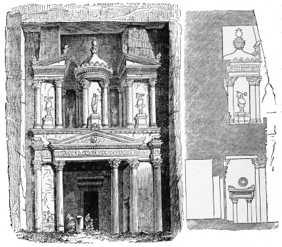 Fig. 284.&mdash;Façade and Section of a Rock-cut Tomb at
Petra.