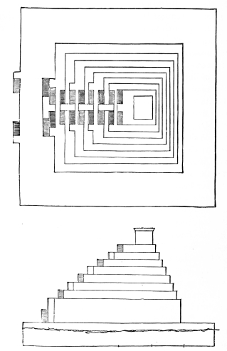 Fig. 41.&mdash;Plan and Elevation of the Temple at Borsippa.
(From Oppert’s Measurements.)
