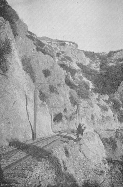 Garden of the Gods, showing Two Sections, with portion
of Circular Bridge, Mount Lowe.