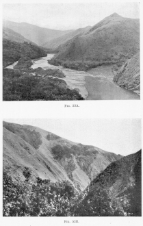 Fig. 53A&mdash;The smooth grassy slopes at the junction of the
Yanatili (left) and Urubamba (right) rivers near Pabellon.