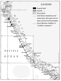 Fig. 66&mdash;Irrigated and irrigable land of the coastal belt
of Peru. The map exhibits in a striking manner how small a part of the
whole Pacific slope is available for cultivation. Pasture grows over all
but the steepest and the highest portions of the Cordillera to the right
of (above) the dotted line. Another belt of pasture too narrow to show
on the map, grows in the fog belt on the seaward slopes of the Coast
Range. Scale, 170 miles to the inch.