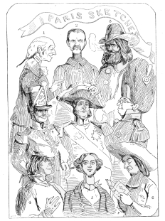 EXPLANATION OF THE ALLEGORY


Number 1’s an ancient Carlist, Number 8 a Paris Artist,
Gloomily there stands between them, Number 2 a Bonapartist;
In the middle is King Louis-Philip standing at his ease,
Guarded by a loyal Grocer, and a Sergeant of Police;
4’s the people in a passion, 6 a Priest of pious mien,
5 a Gentleman of Fashion, copied from a Magazine.