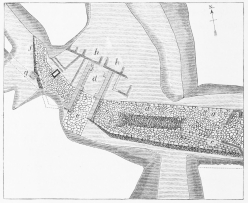 PLAN III.&mdash;THE TOWER AND THE SCÆAN GATE.

a a. The Great Tower of Ilium. b. Depression to shelter archers.
c. Steps. d. The Double Scæan Gate. e. Steep paved road leading to
the Plain. f. The City Wall. g. Place where the Treasure was found.
h h. The Palace of Priam.
