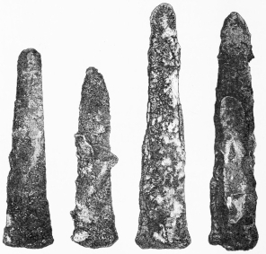 No. 257.   No. 258.   No. 259.   No. 260.

Trojan Battle-Axes of Copper&mdash;TR.

Nos. 258 and 260 have pieces of other weapons welded onto them by the
fire.