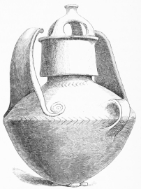 No. 285. Splendid Terra-cotta Vase from the Palace of
Priam. This is the largest vase of the type frequent in the ruins, with
two small handles and two great upright wings. The cover was found
near it.