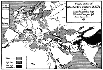 Map showing Europe and Western Asia about the Time the
True Men were Replacing the Neanderthalers in Western Europe