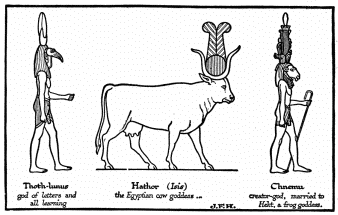 Thoth-lunus
god of letters and
all learning

Hathor (Isis)
the Egyptian cow goddess ...

Chnemu
creator-god, married to
Hekt, a frog goddess.
