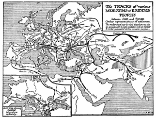 The TRACKS of various MIGRATING & RAIDING PEOPLES between
1 A.D. and 700 A.D.
