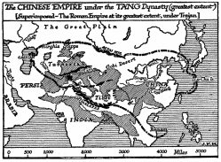 The CHINESE EMPIRE under the TANG Dynasty (greatest
extent) [Superimposed&mdash;The Roman Empire at its greatest extent, under
Trajan.