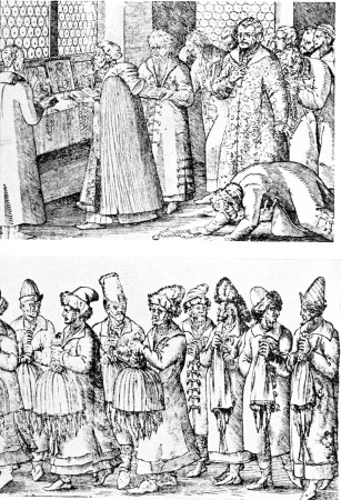 A CHURCH SERVICE, PROCESSION OF BOYARDS
From 16th century contemporary prints, attributed to Jost Amman.