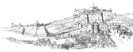 FORTRESS OF PAUL III. SHOWING THE UPPER PART NOW OCCUPIED
BY THE PREFETTURA, ETC., AND THE LOWER WING WHICH COVERED THE SITE OF
THE PRESENT PIAZZA D’ARMI

(From a water-colour sketch now in the possession of Madame Brufani at
Perugia.)