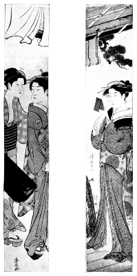 KIYONAGA: GEISHA WITH SERVANT CARRYING LUTE-BOX.
KIYONAGA: WOMAN PAINTING HER EYEBROWS.