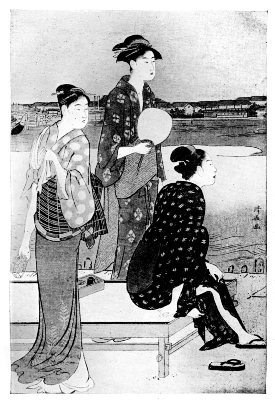 KIYONAGA: TWO WOMEN AND A TEA-HOUSE WAITRESS BESIDE THE
SUMIDA RIVER.
