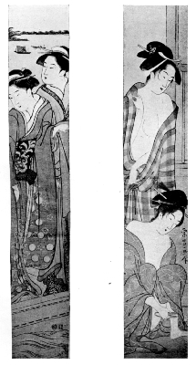 SHUNCHO: TWO LADIES IN A BOAT ON THE SUMIDA RIVER.
YEISHO: TWO COURTESANS AFTER THE BATH.
