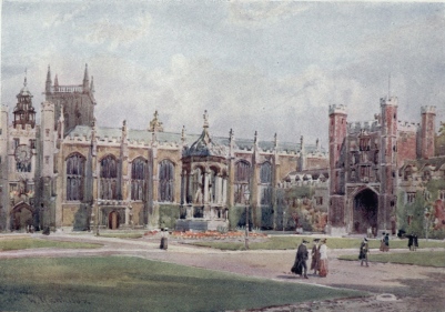 THE GREAT COURT, TRINITY COLLEGE

The largest at either University or in Europe. We see the Great Gate in
the picture on the right, facing us&mdash;the Chapel. To the left of the
Chapel is seen King Edward’s Gate, fourteenth century. The beautiful
Fountain in the middle of the picture is in the Renaissance style, and
was built by Nevile in 1602, and rebuilt in 1716.