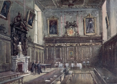 THE HALL OF CLARE COLLEGE

The notable features of this interior are the plaster ceiling and the
large oak figures over the fireplace, the latter designed by Sir M.
Digby Wyatt 1870-72.