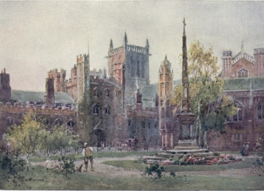 THE GATEWAY AND TOWER OF ST. JOHN’S COLLEGE

The Kirke White memorial is seen in the foreground, and behind it are
the Divinity Schools; to the left is the Gateway of St. John’s, with the
Tower behind it. The enclosed space in the foreground was formerly the
site of All Saints’ Church, pulled down in 1865.