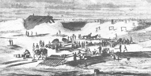 Confederate preparations at Cummings Point, Morris Island. The inclined Ironclad Battery is at the left. From Frank Leslie&rsquo;s Illustrated Newspaper, March 30, 1861.