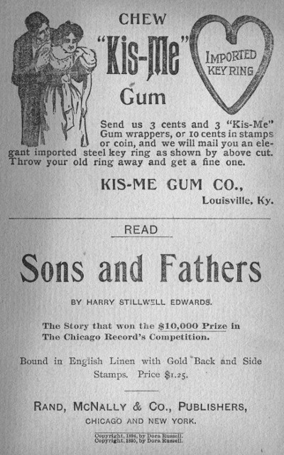 Adverts for Kis-Me Gum and 'Sons and Fathers&rsquo; by Harry Stillwell Edwards