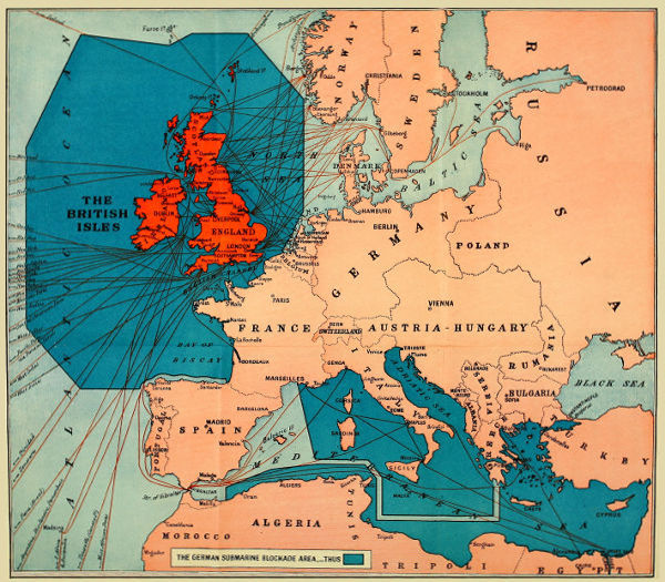 THE GERMAN SUBMARINE BLOCKADE AREA.&mdash;THUS MARKED IN DEEP BLUE