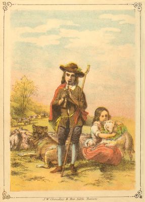  boy playing
a flute and seated girl hugging a sheep