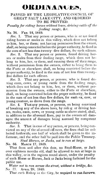Ordinances, Passed by the Legislative Council of
Great Salt Lake City, and Ordered to be Printed