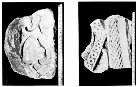 Fig. 157.&mdash;SÂMARRÂ, BEIT EL KHALÎFAH, FRAGMENT OF
RINCEAUX WORKED IN MARBLE.