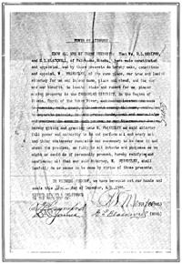 KNOW ALL MEN BY THESE PRESENTS: That We, R.L. MENIFEE, and G.L. BLACKWELL,
of Fairbanks, Alaska, have made constituted and appointed, any by these
presents do hereby make, contribute and appoint, F. Priestley, of the
same place, our true and lawful attorney for us and in our name, place
and stead, and for our use and benefit, to locate stake and record for
us, places mining property in the CHANDELAR DISTRICT, in the Region of
Alaska, North of the Yukon River: [three lines erased here]

hereby giving and granting onto W. PRIESTLEY as said attorney full power
and authority to do and perform all and every act and thing whatsoever
requisite and necessary to be done in and about the premises, as fully
to all intents and purposes as we might or could do if personally
present, hereby ratifying and confirming all that our said Attorney,
W. PRIESTLEY, shall lawfully do or cause to be done by virtue of these
presents.

In WITNESS WHEREOF, we have hereupon set our hands and seals this 3rd
day of December, A.D. 1905.

SIGNED, SEALED & DELIVERED IN THE PRESENCE OF: [signatures]