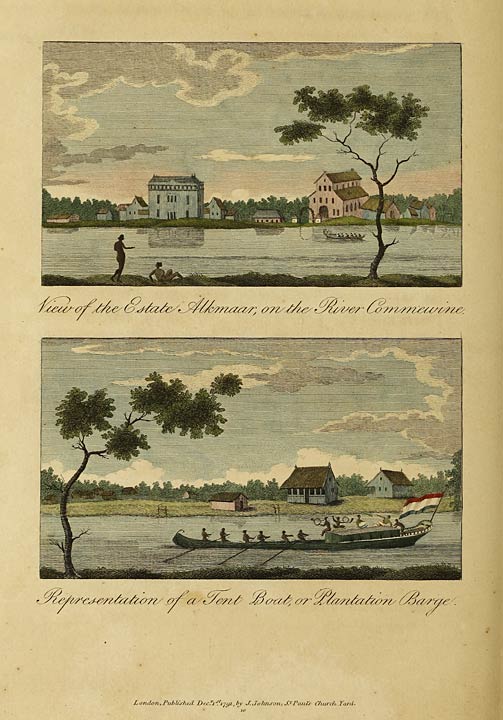 View of the Estate Alkmaar, on the River Commewine.
Representation of a Tent Boat, or Plantation Barge.