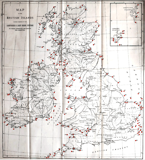 Map of the British Islands Showing Position of the Lighthouse &
Light Vessel Stations to Which Schedules Are Sent by the Committee.