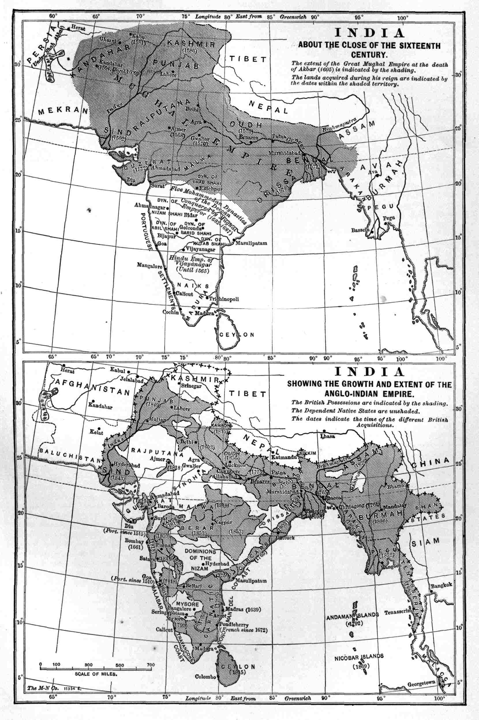 Map of India, about the close
 of the Sixteenth Century, and map of the growth of the
Anglo-Indian Empire.