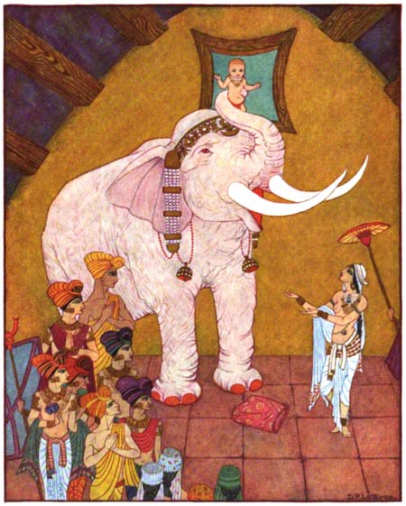Then the elephant with his trunk caressed the
Future Buddha and lifted him up.
