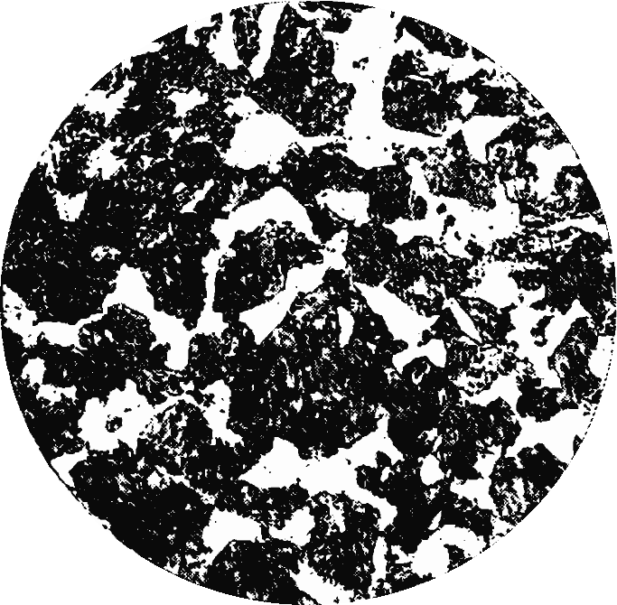 The magnified cross-section of a hypo-eutectoid
                steel bar with a high carbon content shows a
                conglomerate of dark pearlite particles.
                The interstices are filled with a light-colored
                ferrite structure.